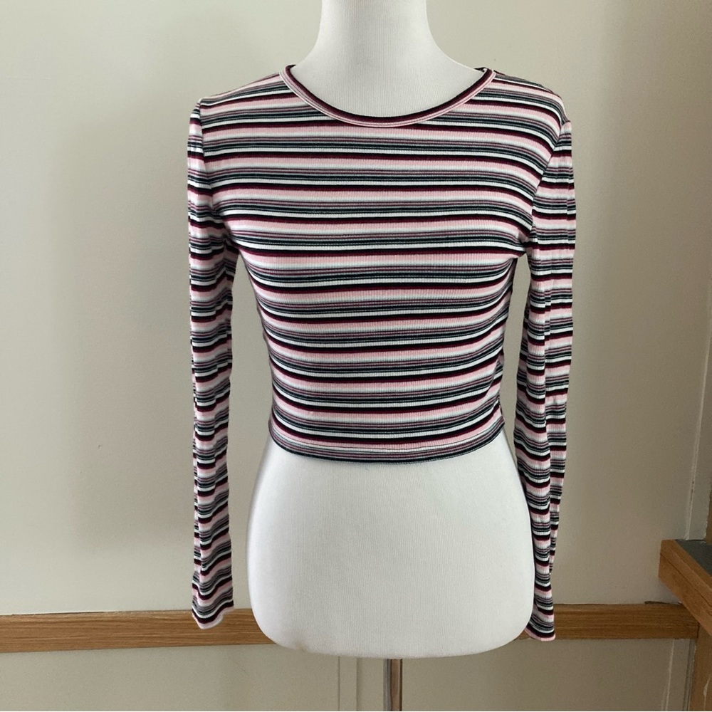 Abound Striped Long Sleeve Cropped Shirt Top Ribbed